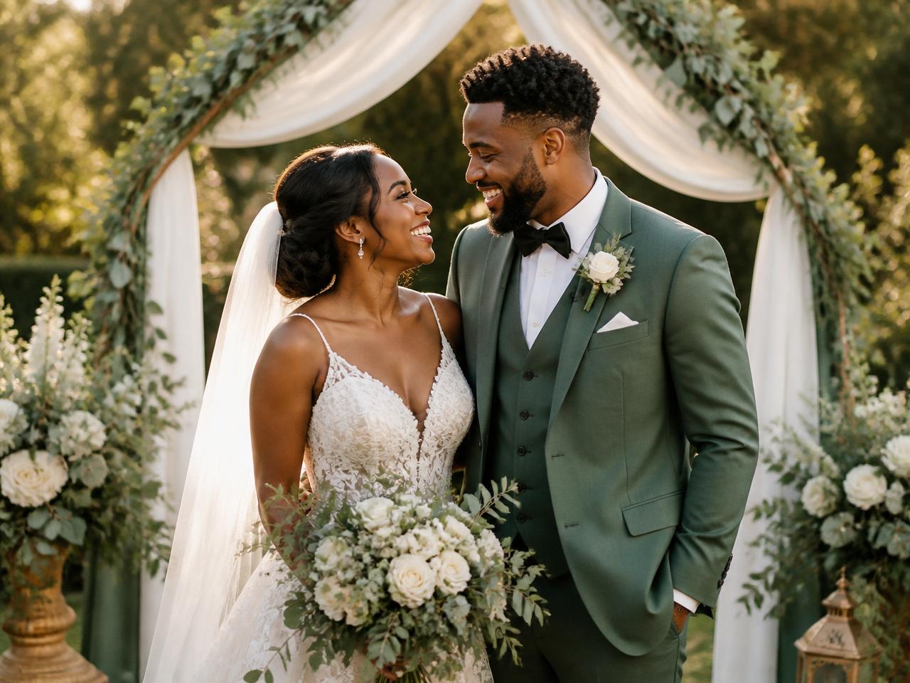 A joyful Black couple at an outdoor garden wedding ceremony beneath a white fabric and greenery arch